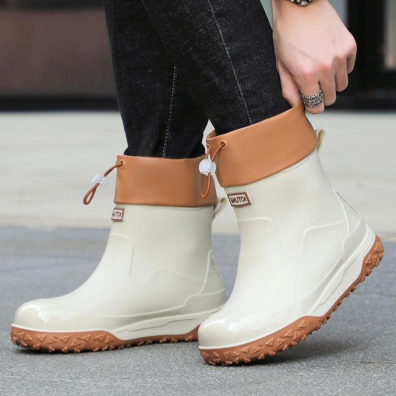 Rubber Shoes Short Tube Detachable Fleece Lined Rain Boots Men's Anti-slip Waterproof Work Water Shoes Fashion Seafood Gathering