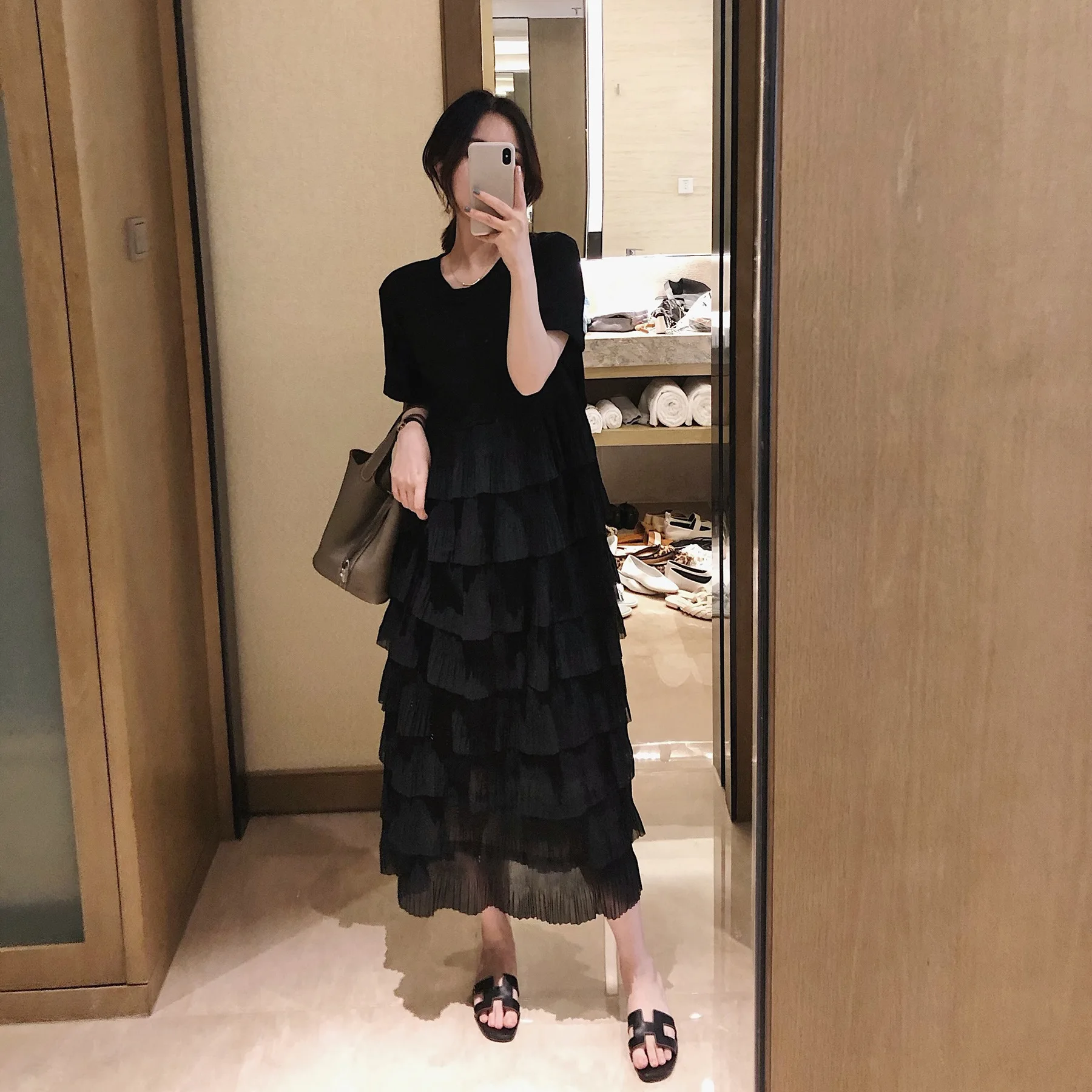 Minceur Bla Summer Dr T-shirt droit ample pour femme jupe longue gâteau Sle version coréenne trajet décontracté polyester coton...