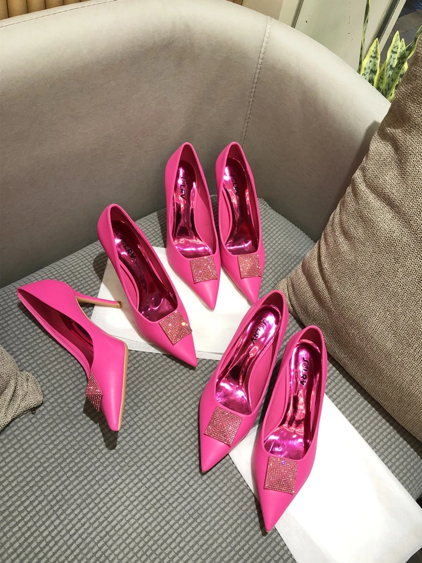 French pointed high heels, autumn new square buckle fashion rhinestone rose red sexy women's shoes, thin heels, single shoes