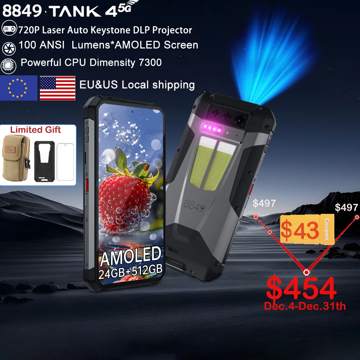 8849 Tank 4 Unihertz 5G Rugged Smartphone Projector 720P 100 Lumen 6.78'' AMOLED 512G Android14 11600mAh Dimensity 7300 120Hz