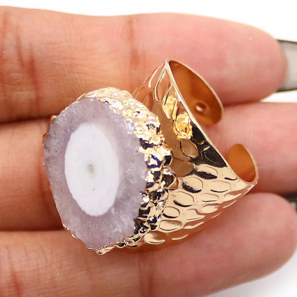 Irregular Colorful Agate with Annual Ring Pattern Retro Gold-plated Open Rings Made of Natural Stone Ornaments Gifts Souvenirs