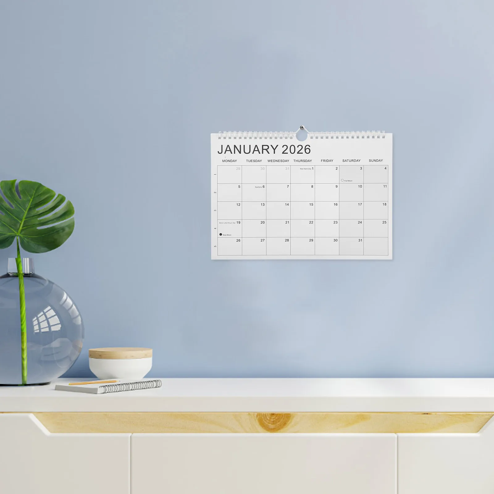 Wall Calendar Planner Jan 2026-Jun 2027 Spiral Binding Large Monthly Blocks Multi-National Holidays Hook Family Academic School