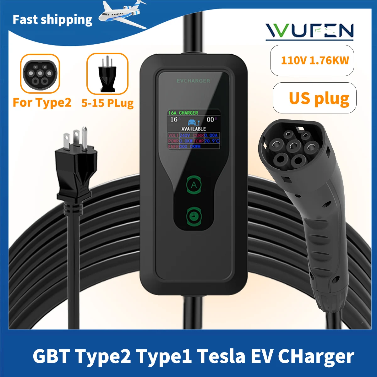 

110-240V Car Portable EV Charger Electric Vehicle Tesla Type 1 GBT Type2 Plug 16A 5m Level 2 EVSE Controller Charging Stations