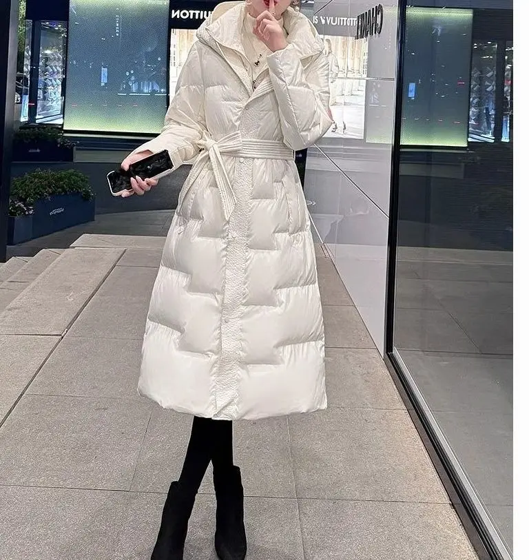 2025 Winter New Style Down and Cotton Coat for Women - Knee-Length Over-The-Knee A-Line Waist-Hugging Coat