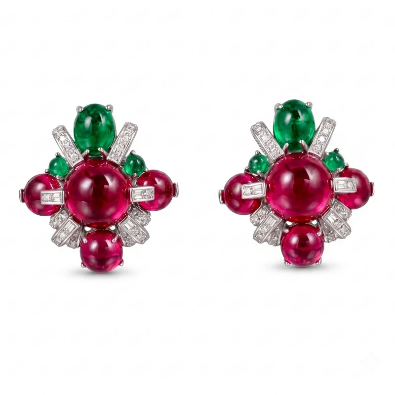 Cameo Ruby Cabochon Stud Earrings Women 925 Silver Multicolor Emerald Cubic Zirconia Vintage Jewelry Party Ear Ornament Design