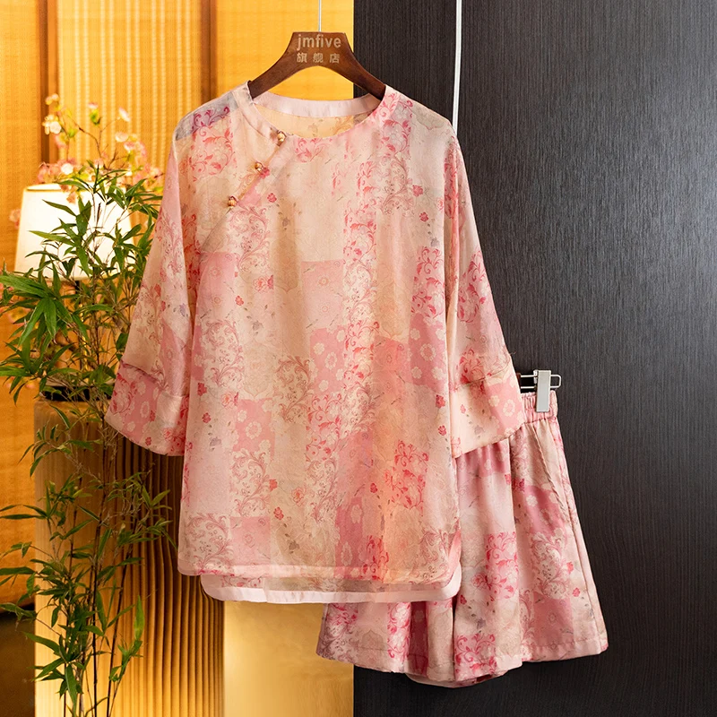 New Chinese-Style Silk Youthful and Elegant Fashion Set 2026 Summer New Retro Wide-Leg Shorts Two-Piece Set