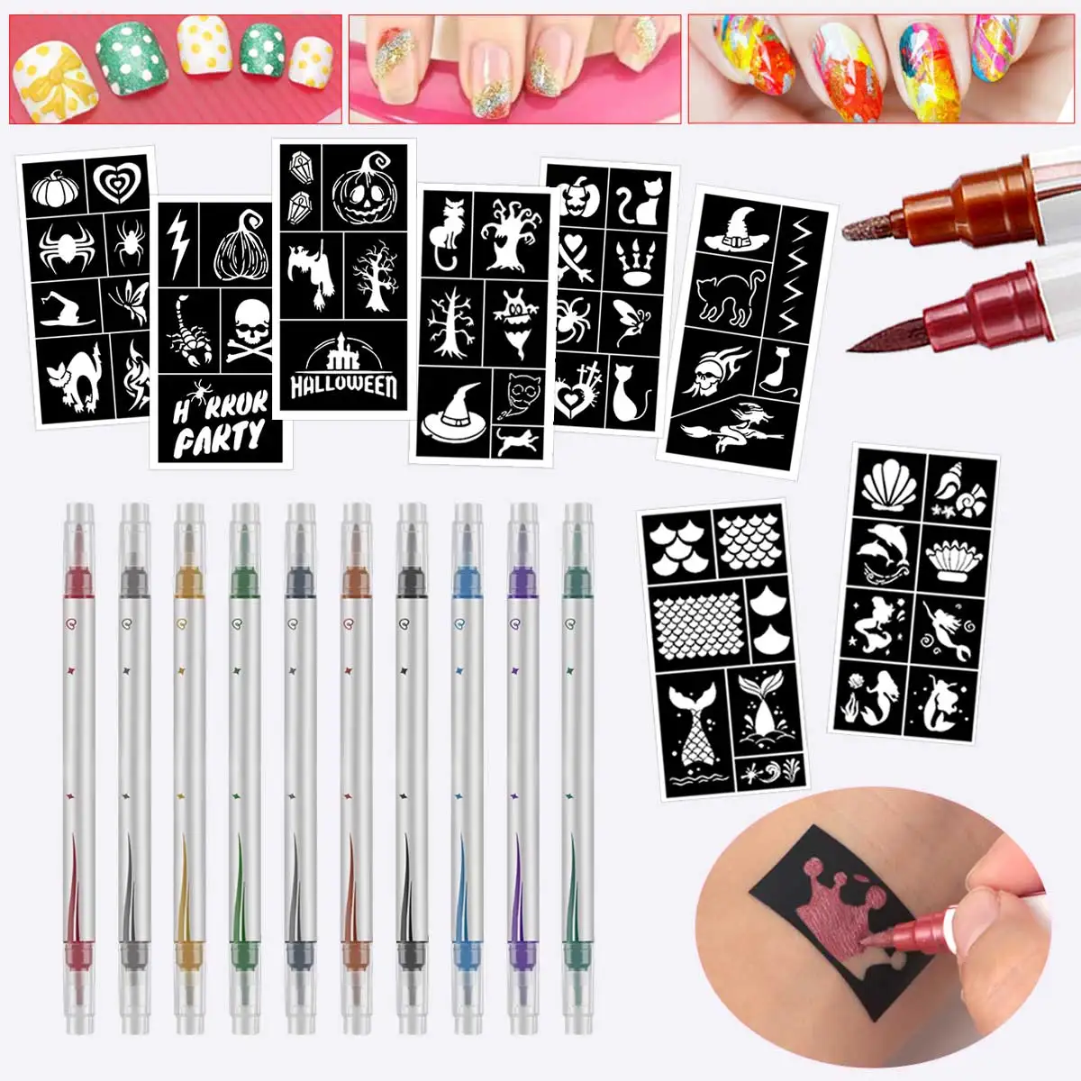 Temporary Tattoo Pen Kit, Includes 10 Colored Markers and 8 Templates, Halloween Design Patterns, Mermaid Ocean Sea Animals, Fine Line Creative DIY Body and Face Nail Art Graffiti, Carnival Costume Body Art Tattoos, Suitable for Birthday Party Supplies, Seaside Beach Mermaid Theme Party Gifts