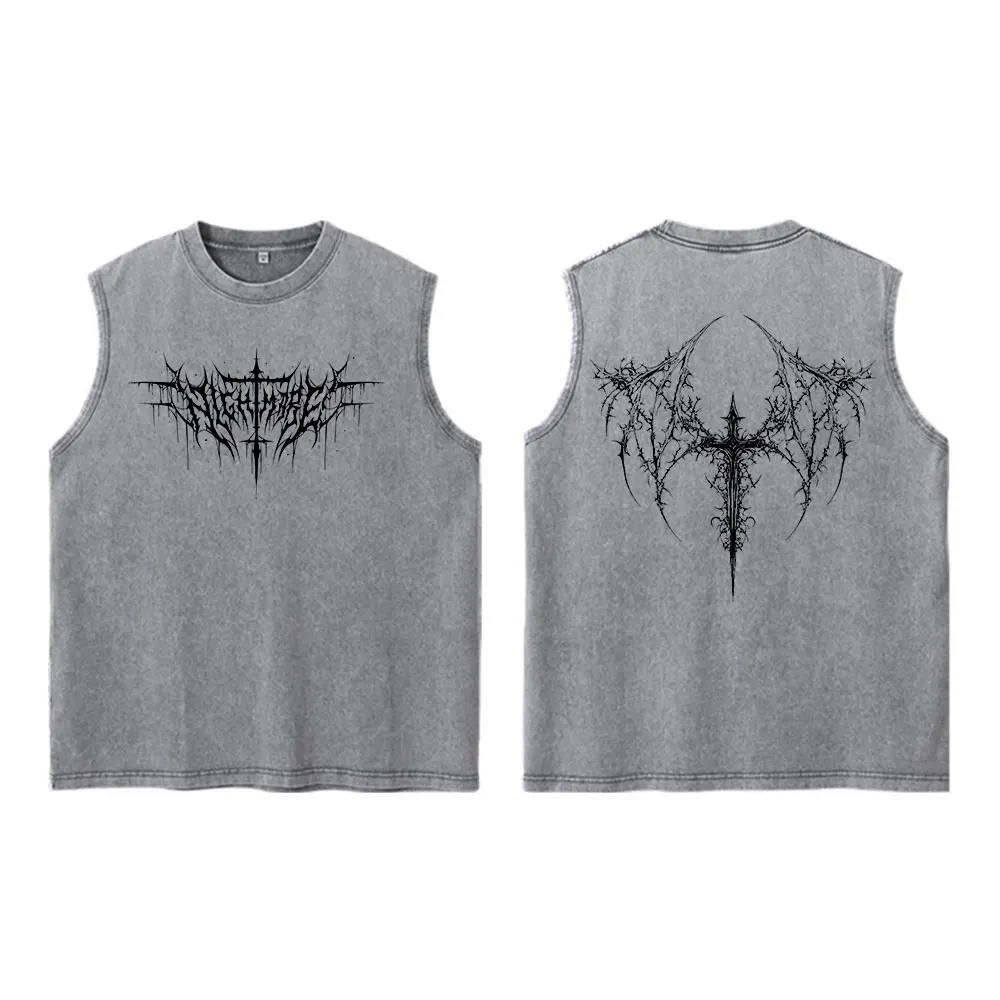 Herren Tanktop aus 100% Baumwolle im Vintage-Look mit dunklem Metallkreuz-Grafikdruck, ärmellos, Streetwear, Hip-Hop, Sommer-Top, T-Shirt