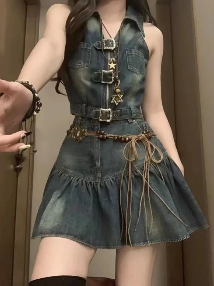 

Vintage Style Denim Skirt Suit Women Summer High Waist Pleated Mini Skirt Two Piece Set