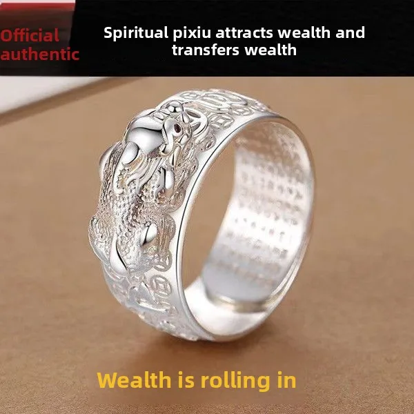 Silver Chinese Feng Shui Pixiu Ring Wealth Attracting Good Luck Adjustable Heart Sutra Engraved Oriental Lucky Jew