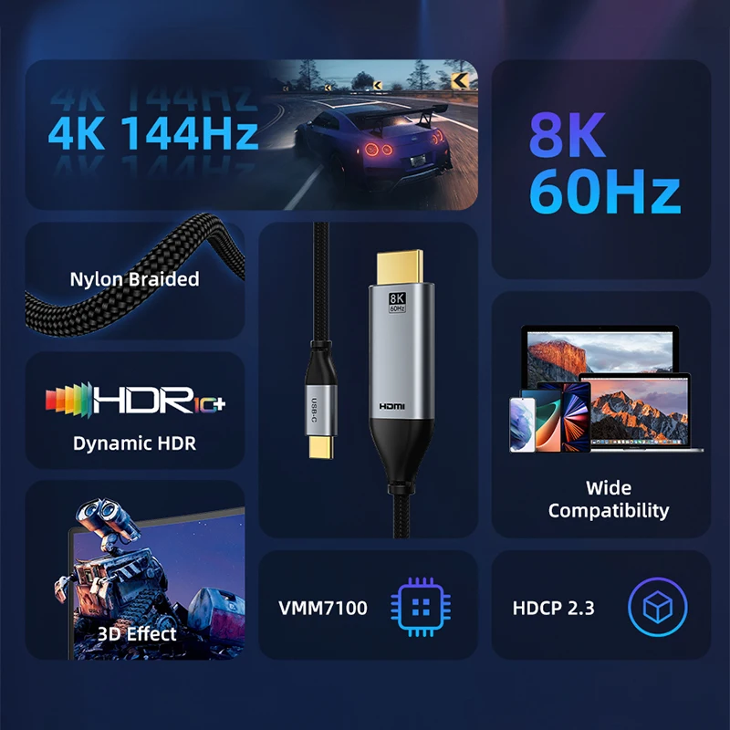 CABLETIME-USB C to HDMI 케이블 8K 60Hz HDR 4K 144Hz, 고급 칩 HDCP 2.3 3D 효과 울트라 HD 노트북 HDMI 케이블 C388