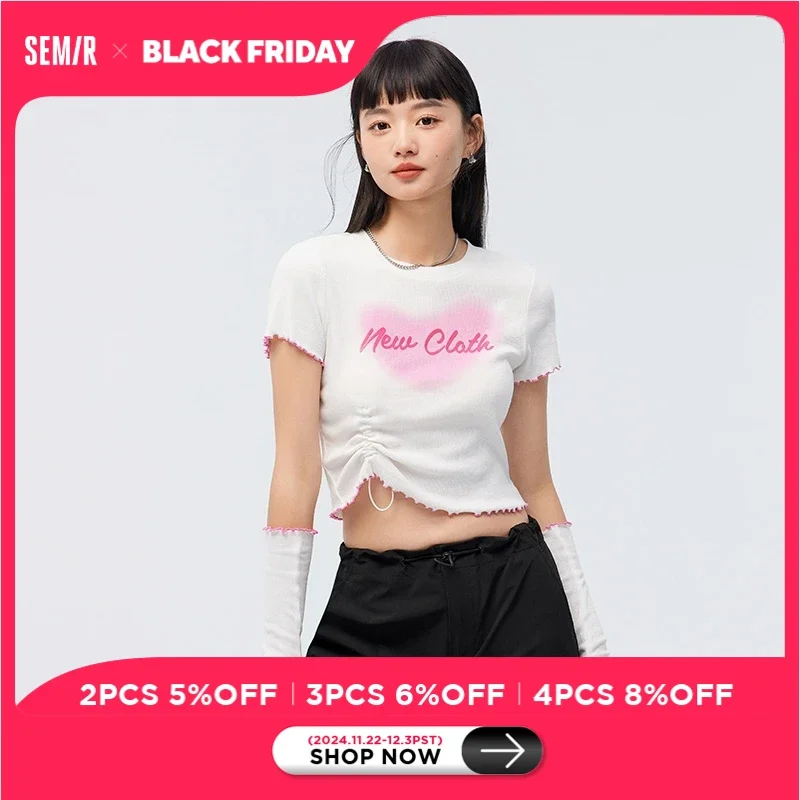 Semir Short-sleeved T-shirt Women Short Tight 2023 Summer New Printed Stringy Selvedge Drawstring Sweater