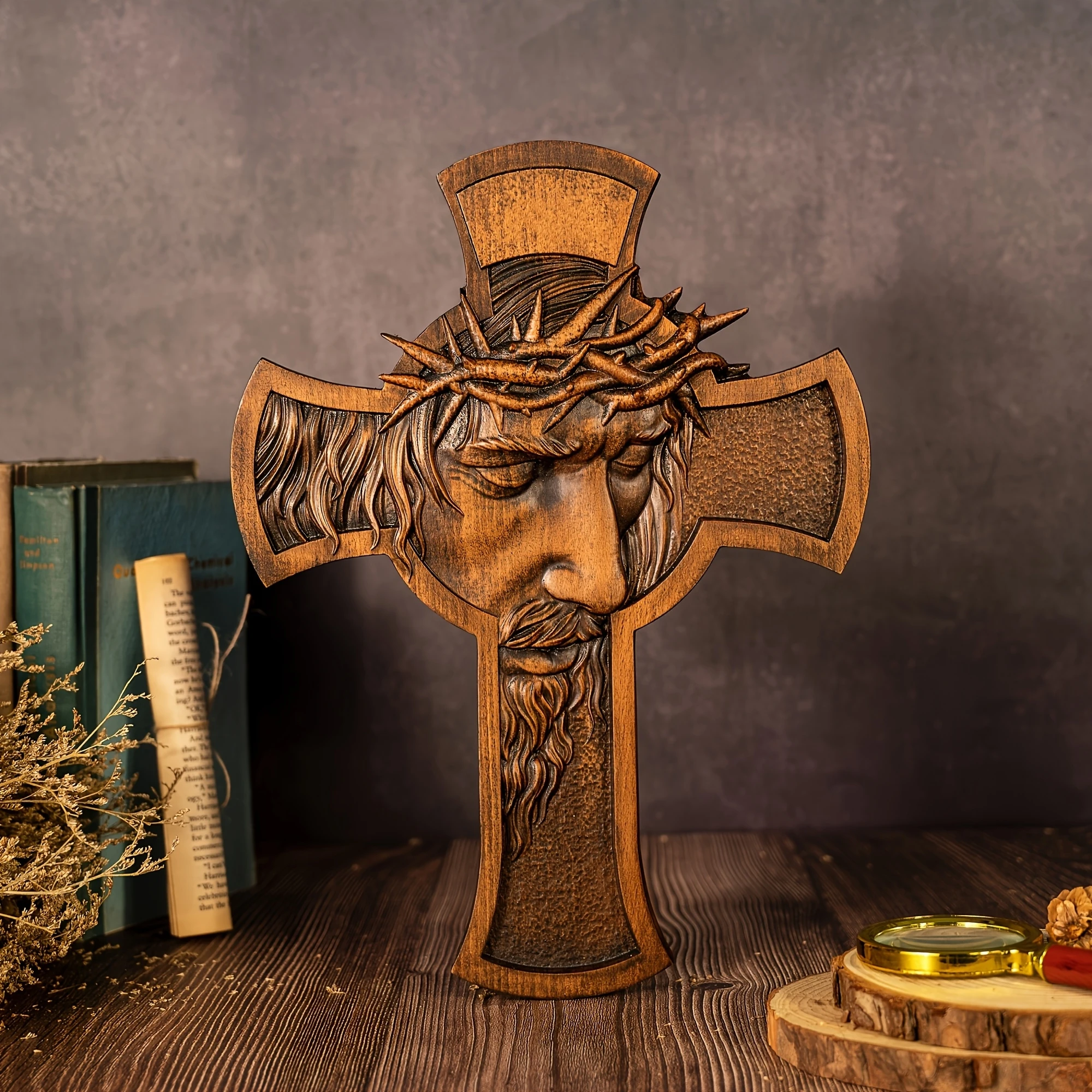 2D Flat Retro Wooden Cross Decoration with Thorn Crown Jesus Christian Statue Wall Hanging for Religious Christmas Room Decor