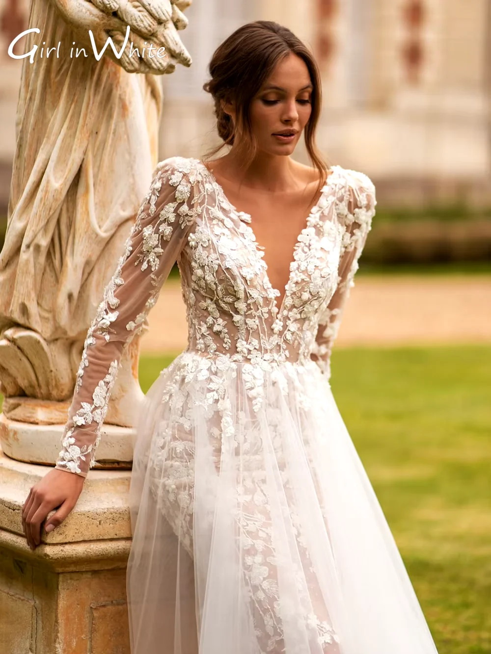 Sexy Deep V-neck Long Sleeves Backless Wedding Dress customized Lace Appliques Bride Robe A-line Long Bridal Gown Robe De Mariée