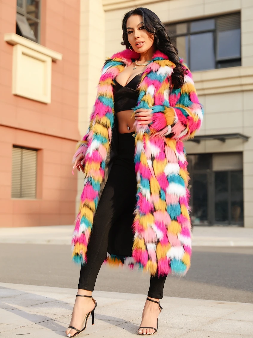Elegant Directional Faux Fur Coat Fashion Personality Rainbow Long Women'S Artificial Turf Coat