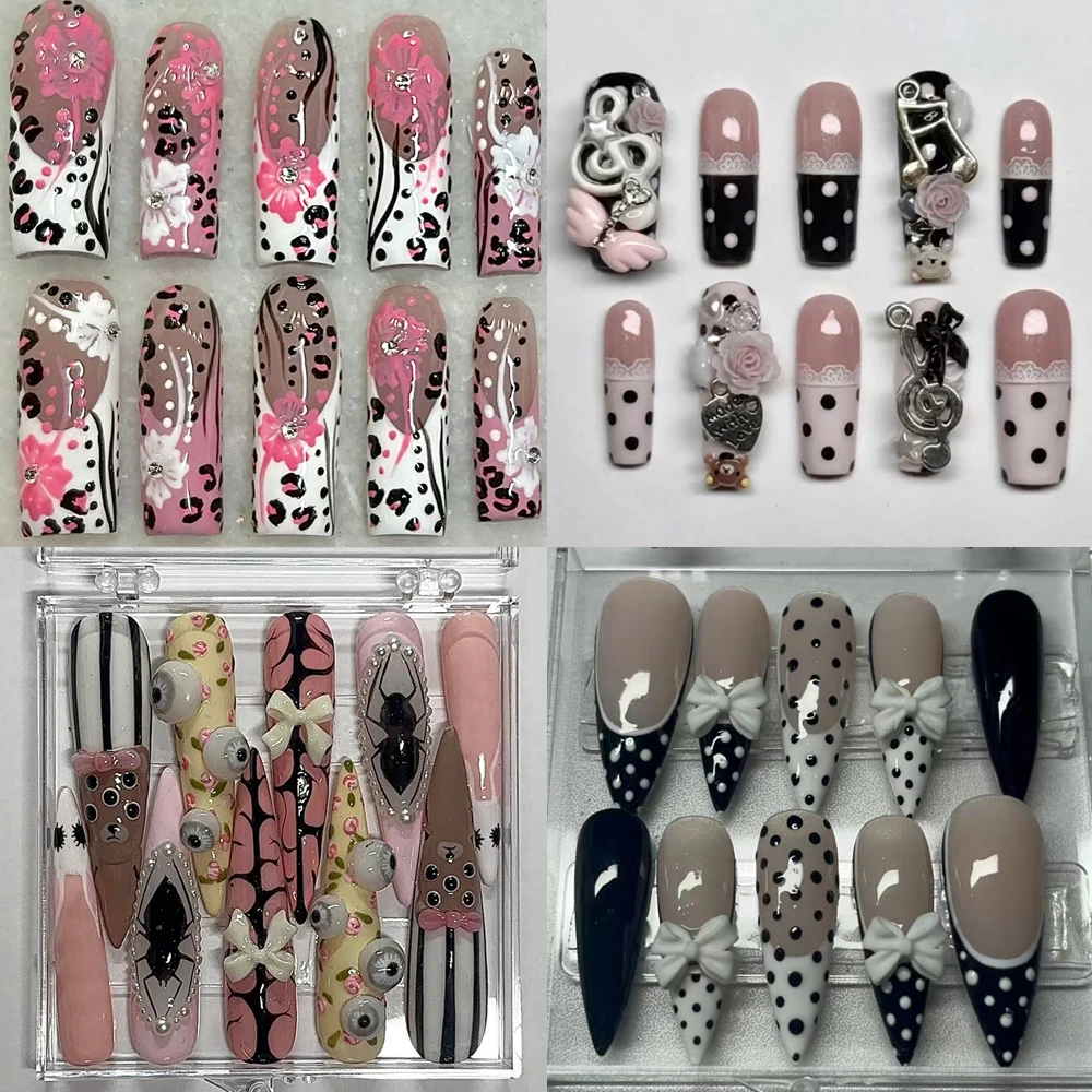 Y2K Spice Girl Style Handmade Long Coffin Stiletto Fake Nails Flowers Polka Point Eyeballs Music Note Bowknot Press On Nails