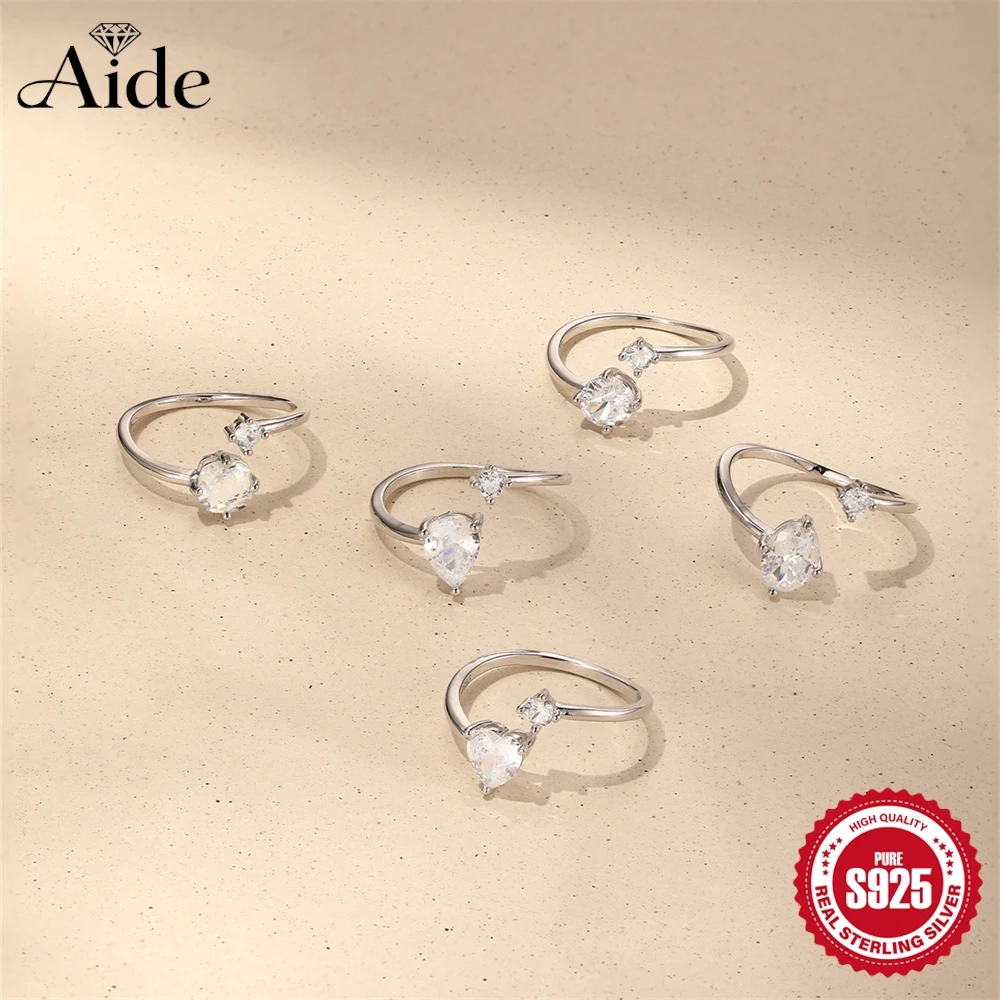 AIDE 925 Sterling Silver Waterdrop/Heart/Ellipse Open Ended Ring for Women Adjustable Party Wedding Engagement Jewelry
