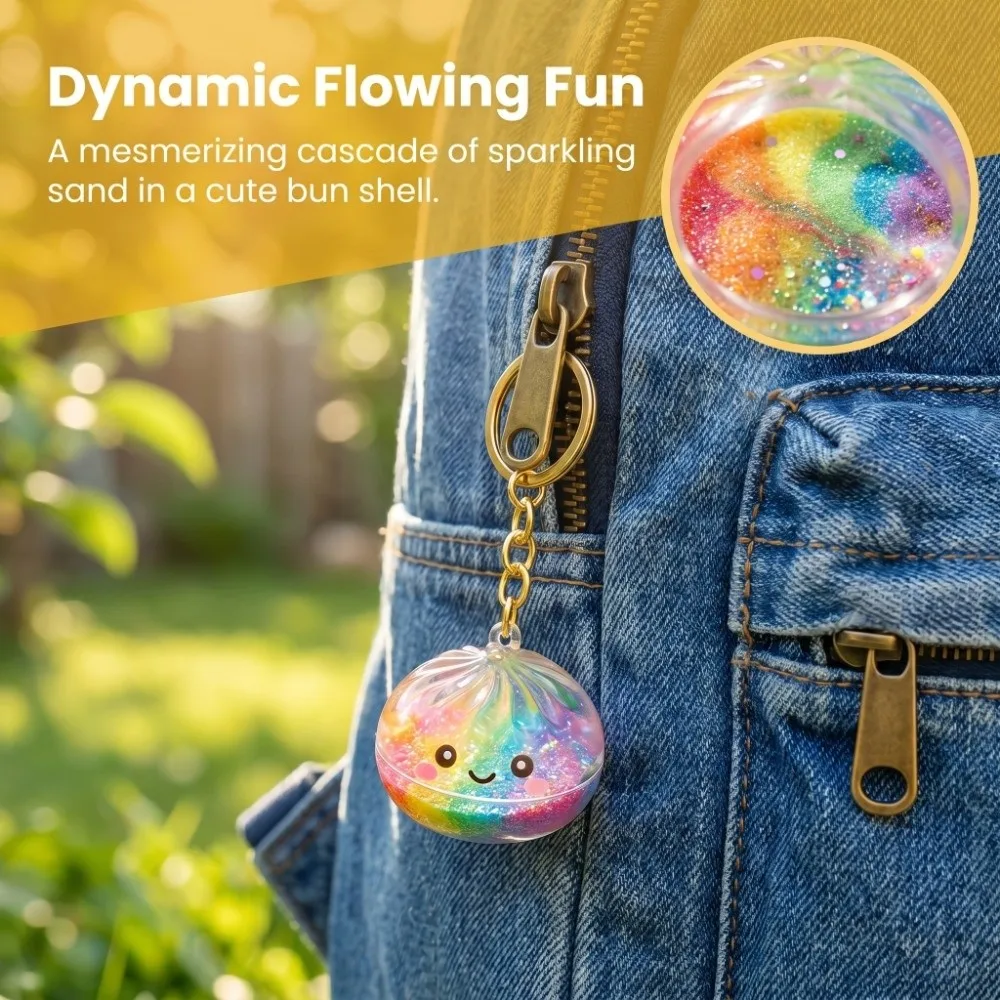 1-20PCS Cute Glitter Quicksand Crystal Bun Keychain Mini Food Charm Pendant Backpack Bag Keys Stress Relief Gift for Women