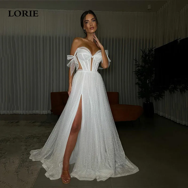 

LORIE Shiny Glitter Wedding Dresses A Line Sparkling Off The Shoulder Bride Dress Side Split Soft Tulle Wedding Gowns 2024