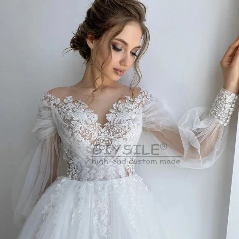 GIYSILE ที่กําหนดเองแขนยาวชุดแต่งงานหรูหรา 2025 ลึก V คอเซ็กซี่ปิดไหล่ลูกไม้เจ้าสาวถ่ายภาพผลกําไรในรอบชุด