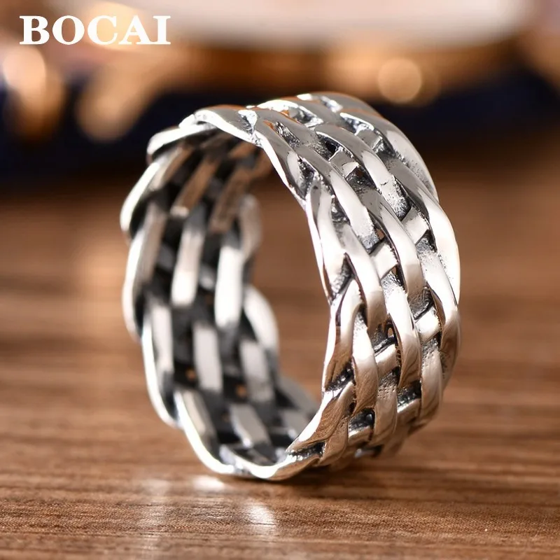 

BOCAI 2020 new 100% real S925 pure silver jewelry weaving men ring retro Thai silver forefinger ring for men simple