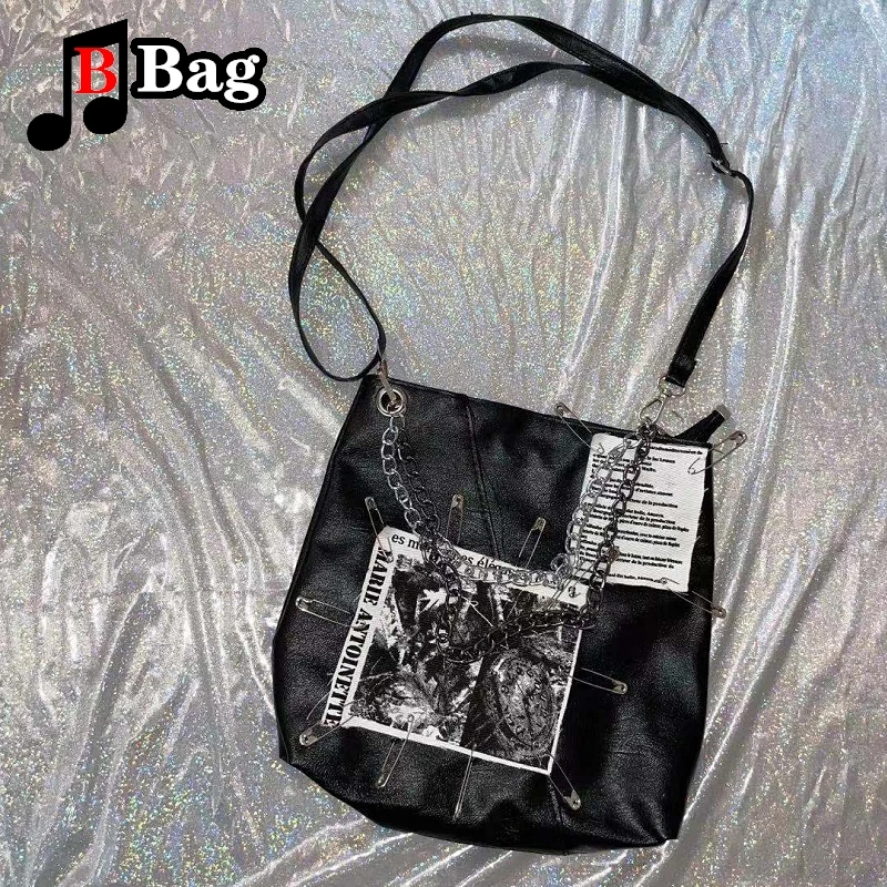 

Collage pin bag One shoulder cross body handbag Large capacity woman commuter Spice girl goth punk tote