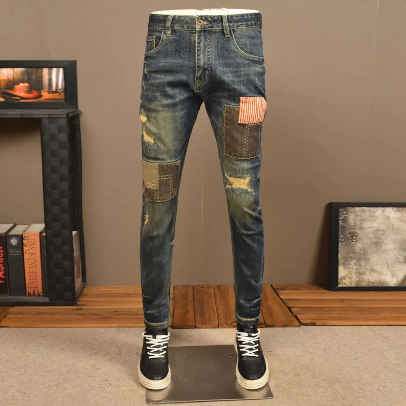 

Street Fashion Men Jeans Retro Washed Blue Elastic Slim Fit Vintage Ripped Jeans Men Patch Designer Hip Hop Denim Pants Hombre