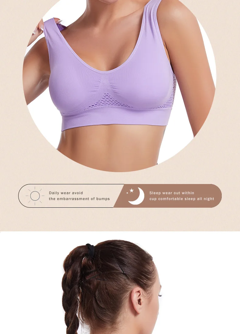 Stoßfester Sport-Yoga-BH für Frauen mit herausnehmbaren Brustpolstern, S-7XL, sexy elastischer Rücken, Baumwoll-Schlaf-BH, bequemes Schlafoberteil. – Detail 4