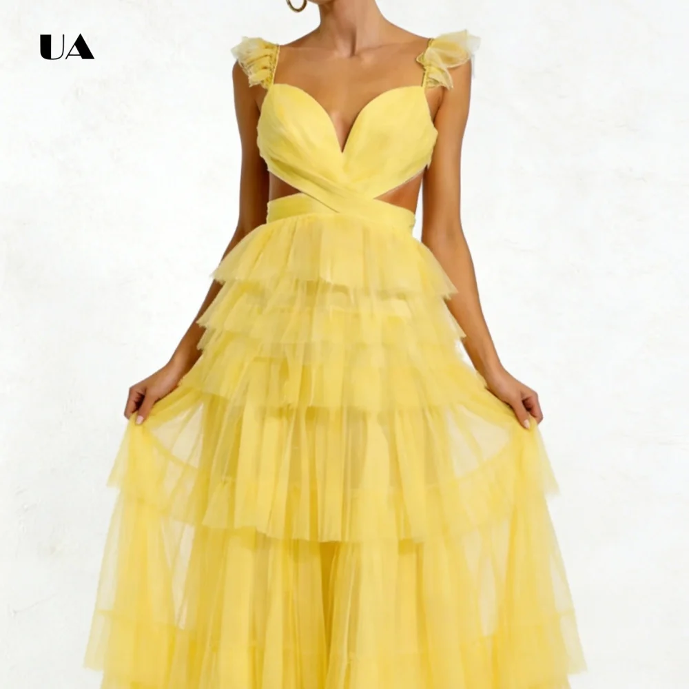 ULBYANRY Ruffle Tiered Tule Kolom Galajurk Effen Sweetheart Hals Uitgesneden Avondjurk Spaghetti Aangepaste Feestjurk