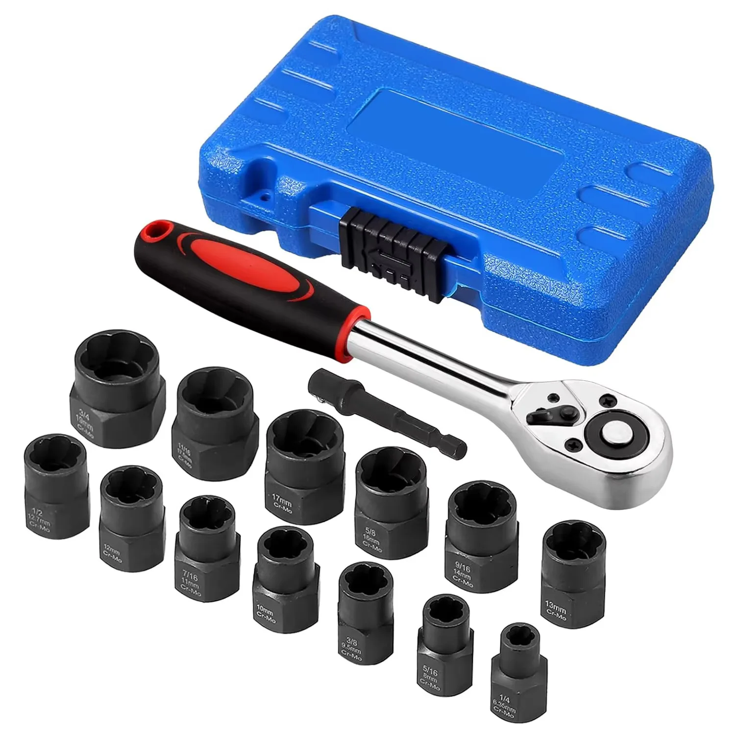 

13PCS 3/8" Nut Extractor Sockets Bolt Remover Tool Set With 3/8 "Ratchet Wrench 3/8" Connecting Rod for Hand Air Ratchets