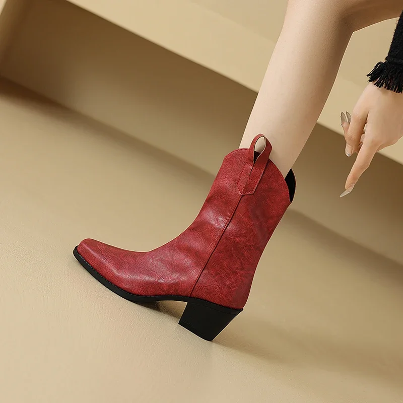 2024 new spring antumn women ankle boots plus size 22-26.5cm Microfiber square toe thick heel western boots Amazon short boots