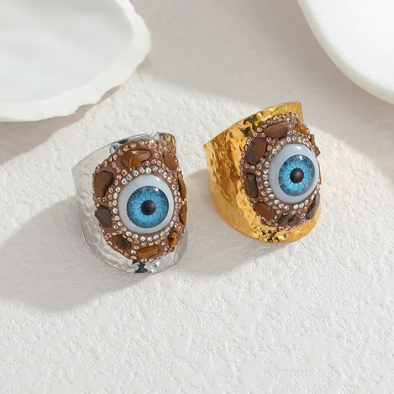 Letdiffery Exaggeration Evil Eye Wide Band Rings for Men Women  Stainless Steel Punk Zircon Brown Stones Eye Statement Open Ring
