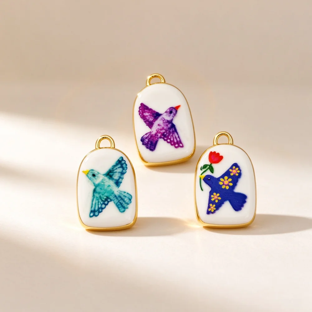 4 Pcs Pendants Brass Enamel Rounded Rectangle Bird Flower Pattern Charms DIY Jewelry Necklace Bracelet Accessories for Women Men