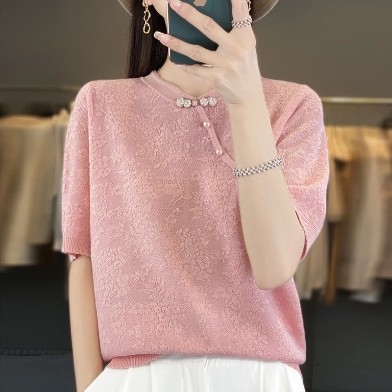 

Women's 100% Wool Sweater T-shirt Summer New O-neck Jacquard Pullover Short sleeved Loose Fashion Knitted Soft Women's Top