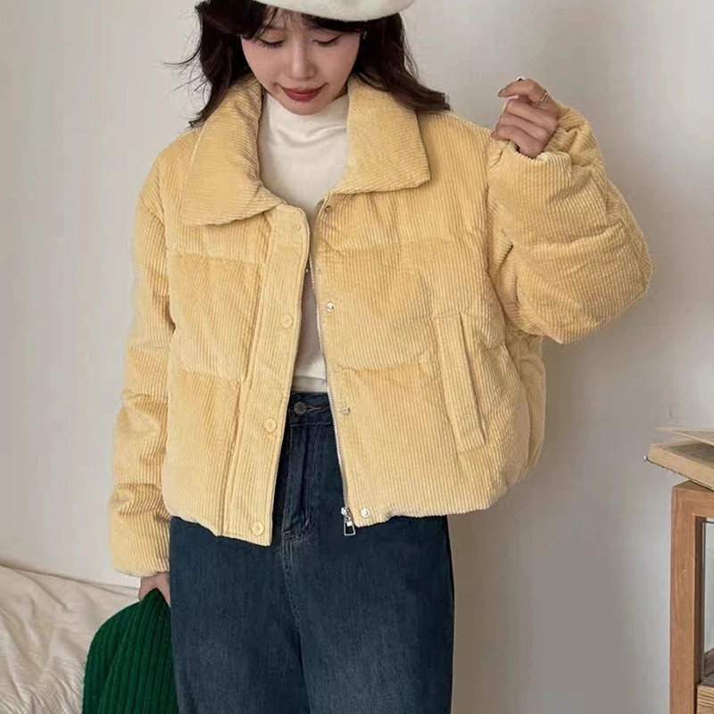 Pink Corduroy Women Padded Jacket Double Zipper Snap Coat Lapel Collar Quilted Thick Warm Preppy Winter Outerwear Top