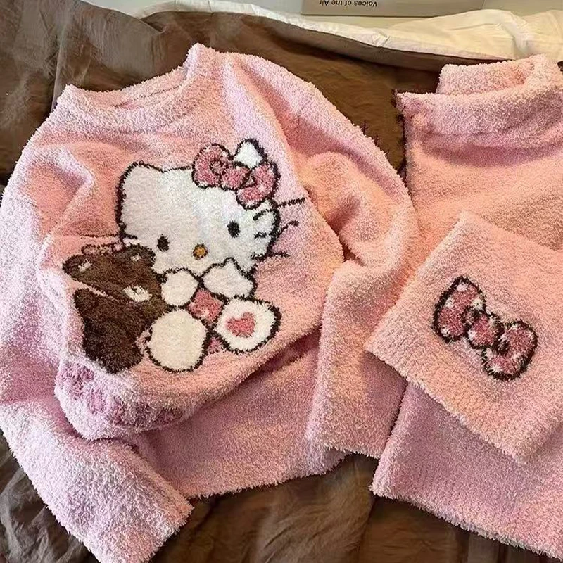 

Пижамы Hello Kitty для девочек, осенне-зимние, домашние, утепленные флисом, сохраняющие тепло, можно носить как верхнюю одежду, милая домашняя одежда для девочек