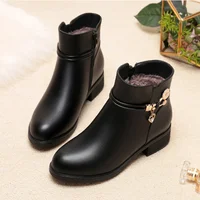 Bottes en cuir biscuits pour femmes, chaussures chaudes en coton, talon bas, tête ronde, fermeture éclair latérale, automne, hiver 3