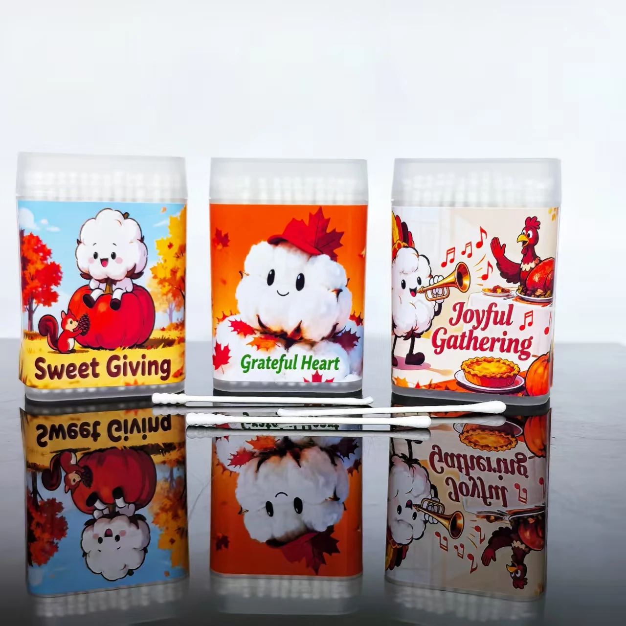 300 uds/600 Uds. Hisopos de algodón con elementos de Acción de Gracias, bastoncillos de algodón de doble cabeza, hisopos de algodón de regalo de vacaciones de eje fino