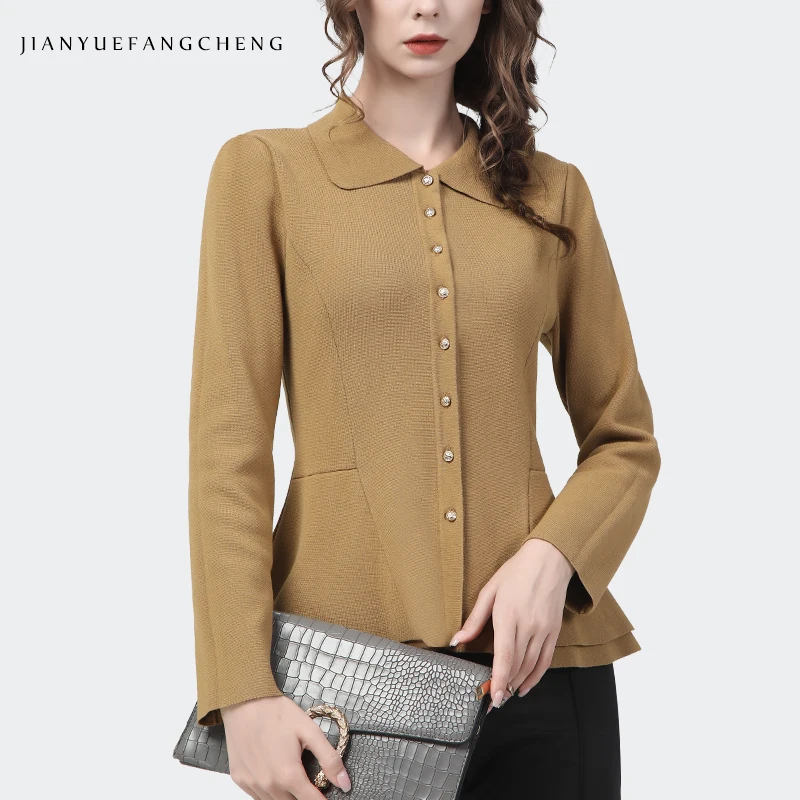 Women' Khaki Knitted Sweater Long Sleeve POLO Neck Button-down Cardigan Top 2022 Autumn New Fashion Slim OutWear Shirt Sweaters