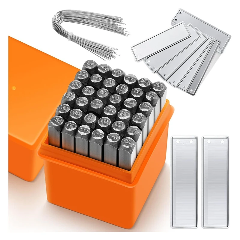 AT69 -36 Pcs Steel Metal Stamping Set 1/8 Inch(3Mm) With 50 Pcs Aluminum Plant Label, Steel Number And Letter Stamp Tool Kit