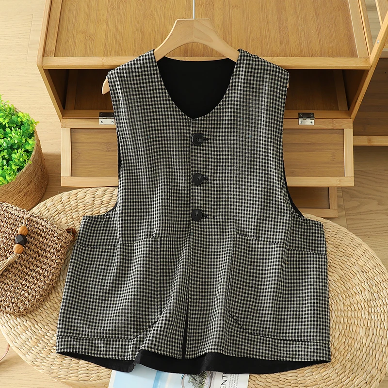 

Retro Plaid Open Cardigan Women's Spring Autumn Design Layering Vest with Inner Dogtooth Pattern Cotton Linen Blend
