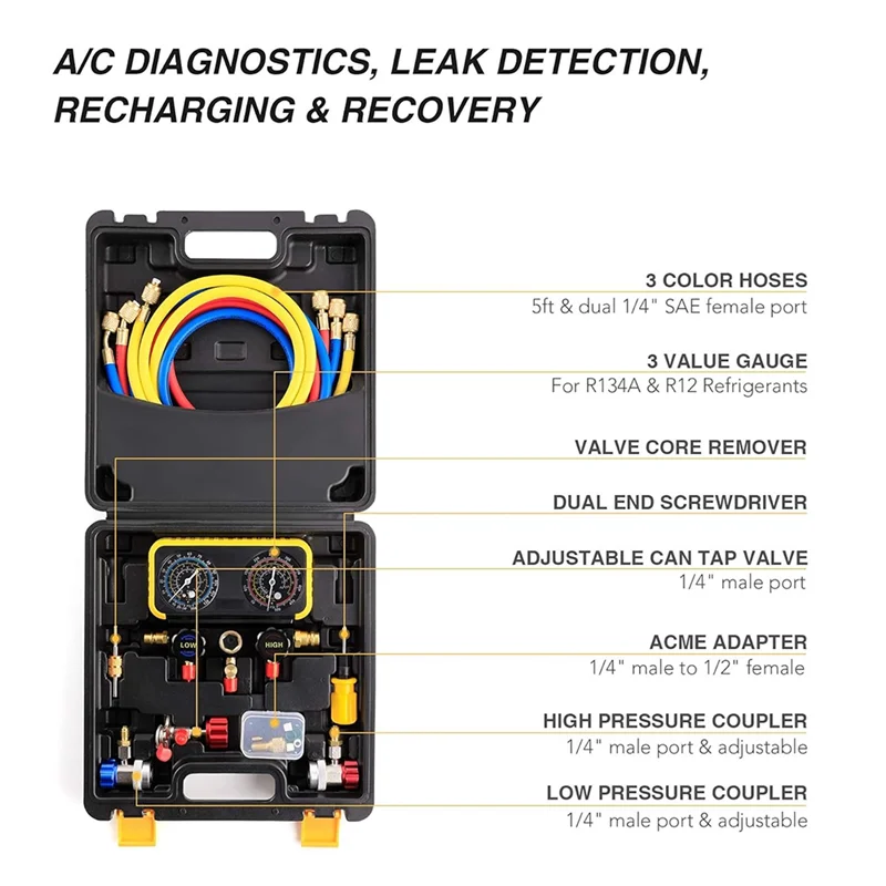 

AW-AC Manifold Gauge Set For R134a R12 R22 R502 Refrigerants, Automotive AC Gauge Set, Precision Refrigerant Gauge Kit