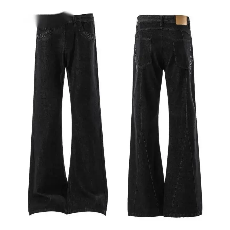 Niche Design Men's Jeans Embroidery Contrast Color Casual Wide Leg Denim Pants All-match Trendy Straight Male Bottom 9JZTG