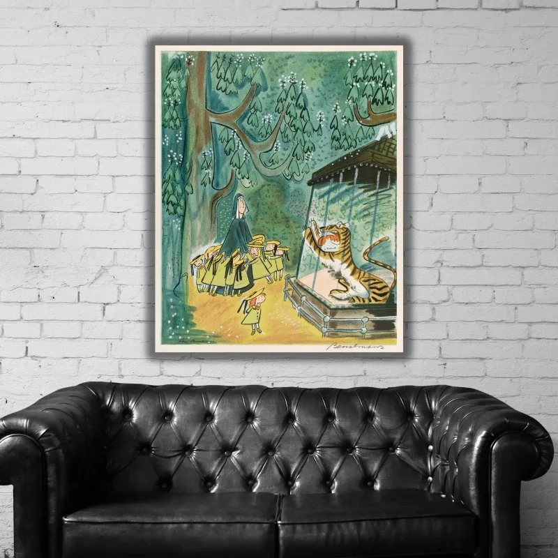 Vintage Canvas Wall Art Cartoon Forest Scene Girls Visiting Caged Tiger Whimsical Retro Home Wall Print Unframed Canvas Poster