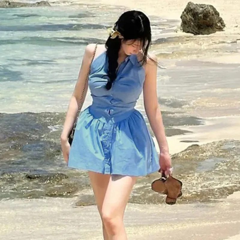 Koreanische Elegante Dünne Sexy Feminine Geraffte Taille Abnehmen Halter Neck Ärmelloses Shirt Kleid Mode Sexy Frauen Tops Y9V5