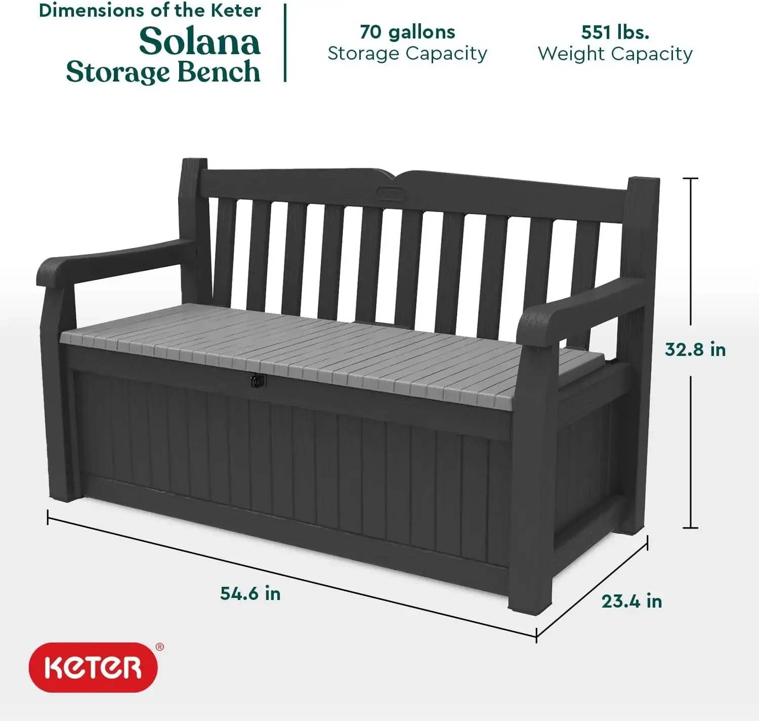 Keter Solana-Storage Bench Deck Box para Móveis de Pátio, Perfeito para Armazenar Jardim, Decoração da varanda, Mesas ao ar livre, 70 Galões