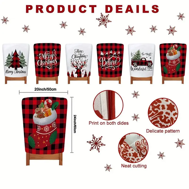 VIKAMA Christmas Chair Back Protector Red Truck Stocking Print Washable For Dining Room Kitchen Christmas Party Decor