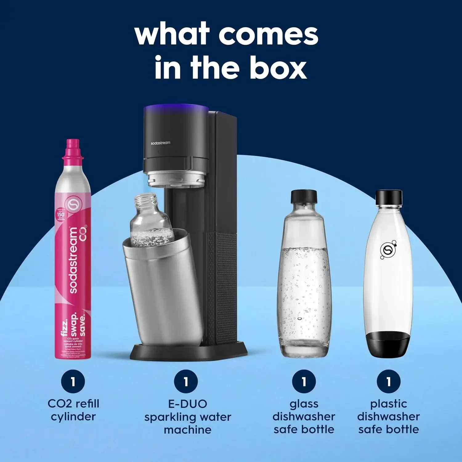 E-Duo Sparkling Water Maker (Black) with 60L CO2, 1 BPA- Free Carbonating Bottle and (1)1L Glass Bottle