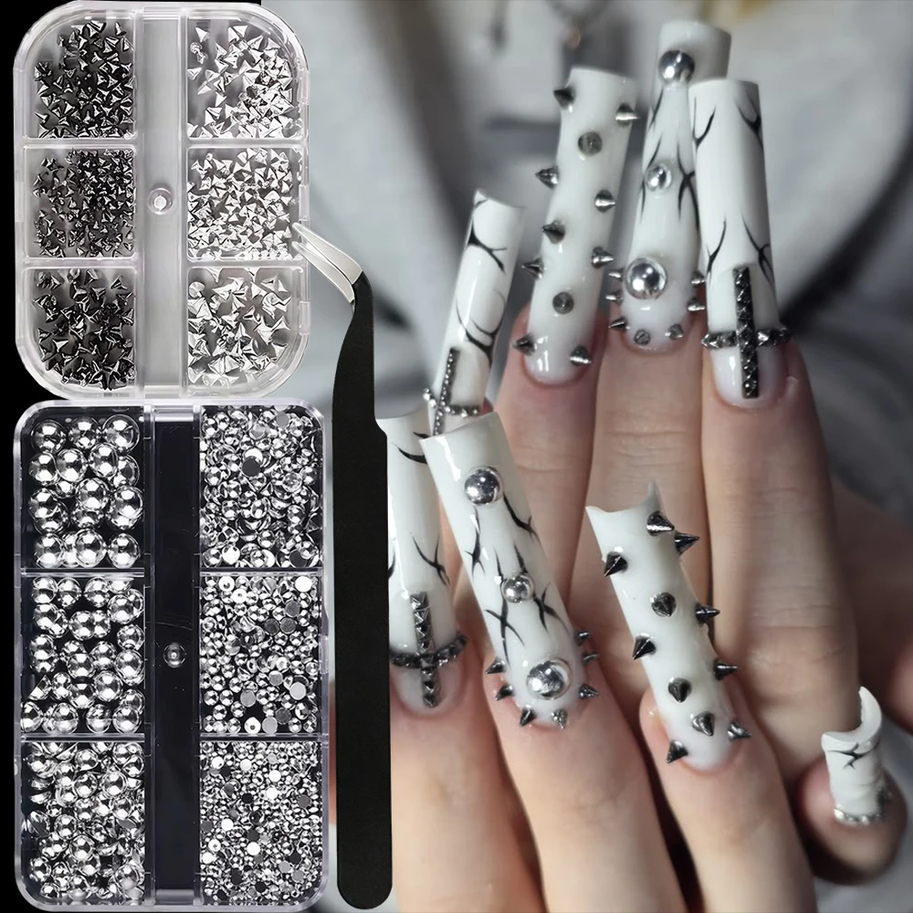 2 Boxes Y2k Punk Cone Spike & Caviar Bead Rivet Nail Charms 3D Silver Half Round Metal Pearl Balls Conical Studs Nail Decor+Tool