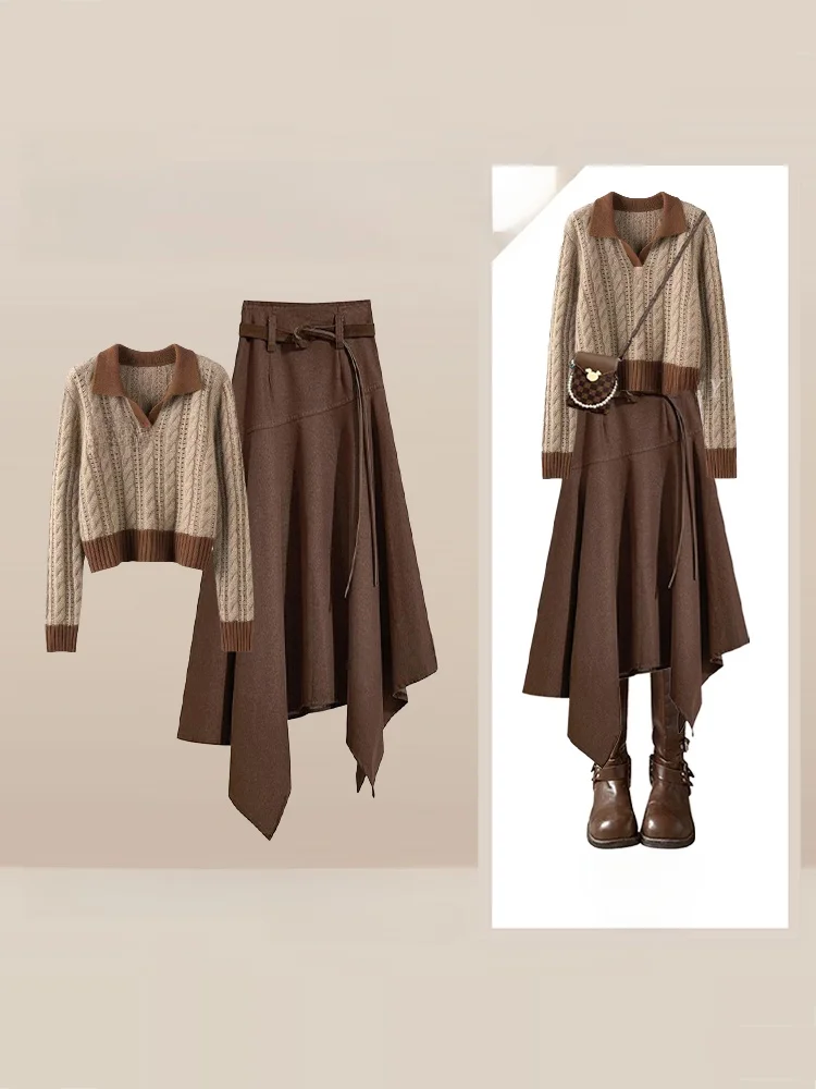 

Retro Autumnal Outfit Women's Travel Faionable Collared Knitwear with Oblique Slimming Plaid Skirt Two-Piece Set Casual Sle